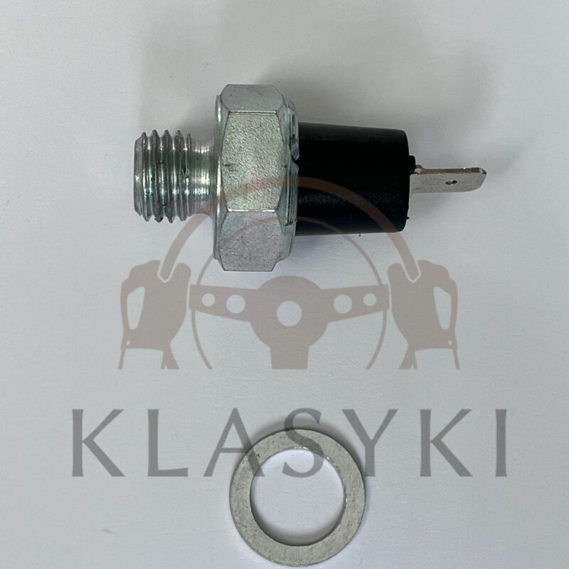 Czujnik ciśnienia oleju M12x1,5 do klasycznego Fiat 500 z konektorem elektrycznym i podkładką uszczelniającą.