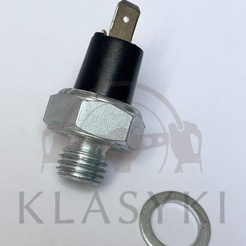 Czujnik ciśnienia oleju M12x1,5 do klasycznego Fiat 500 z konektorem elektrycznym i podkładką uszczelniającą.